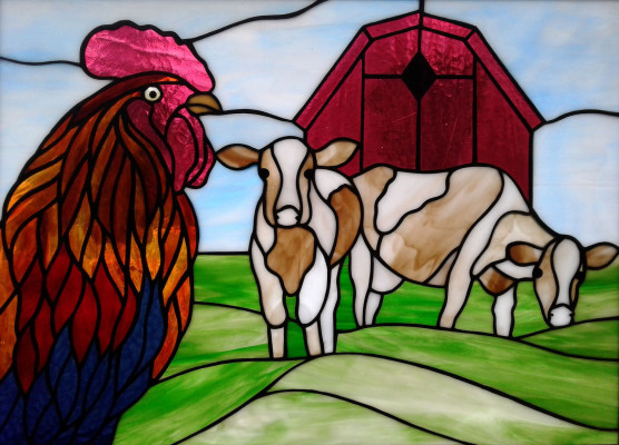 Cows, Rooster, Barn
